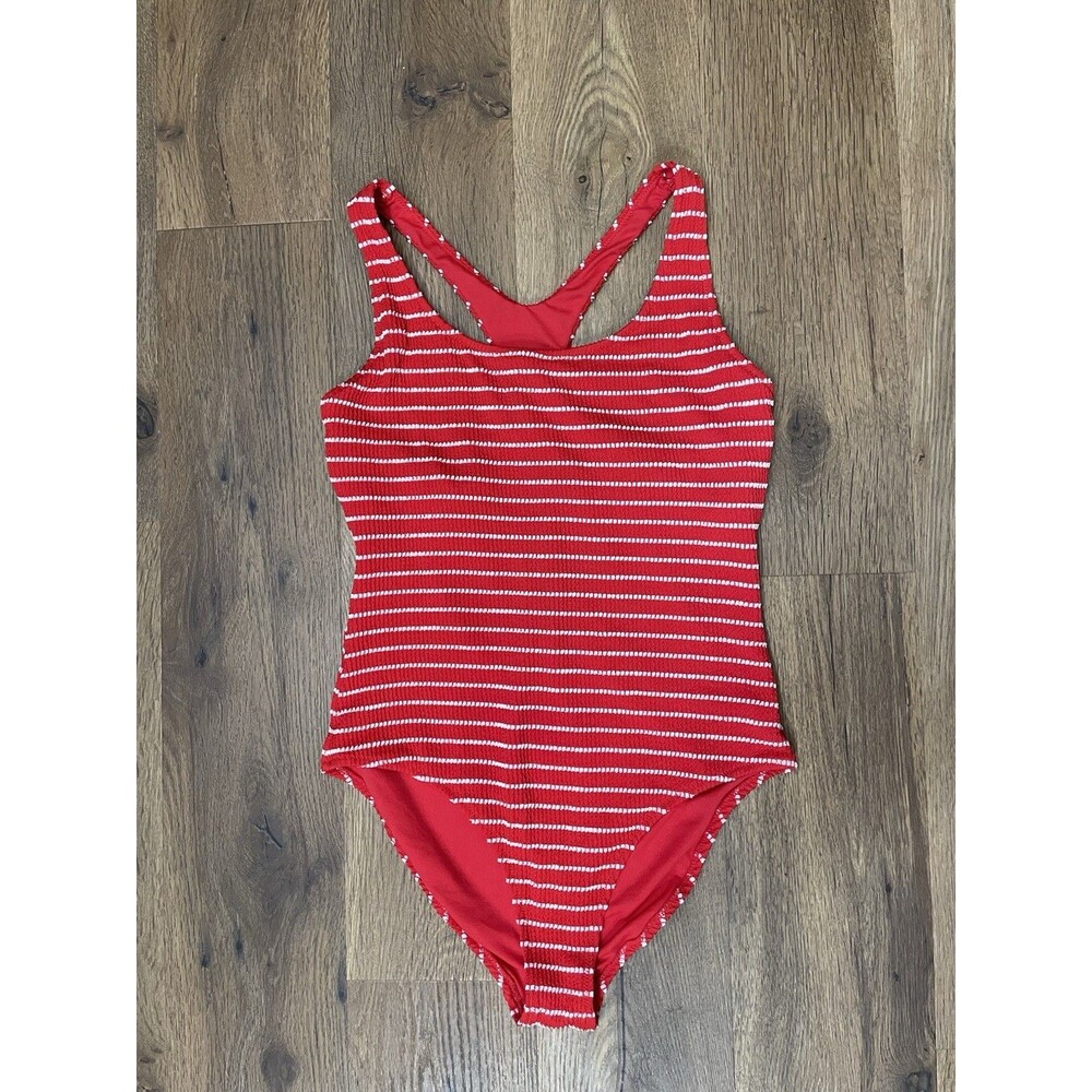 Raisins Salty Stripe Crinkle One Piece Swimsuit Large L Red White Textured